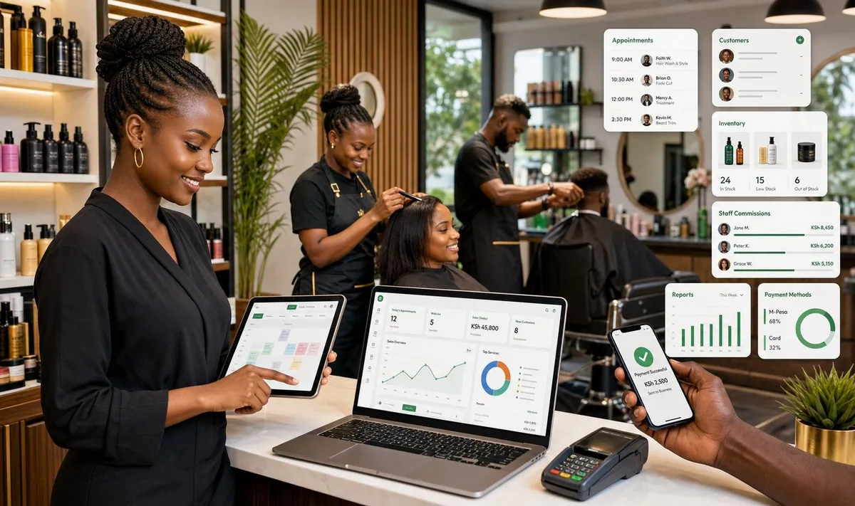 Salon front desk using InvoGrow Salon on laptop, tablet and phone